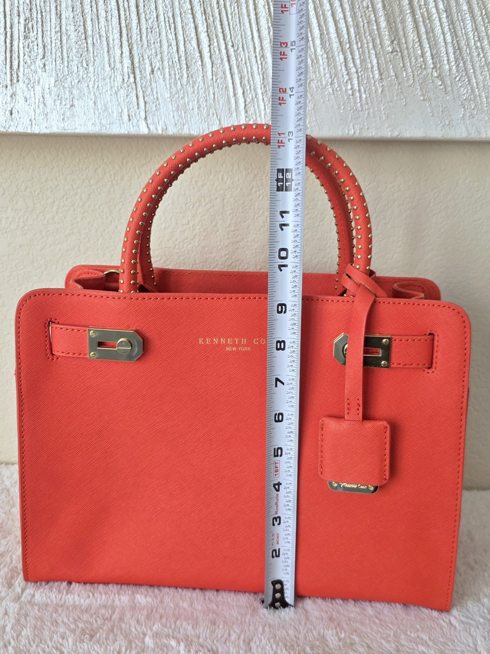 π§‘ Kenneth Cole Coral Orange Top Handle Gold Studded Tote Bag Detachable Strap - Picture 12 of 13